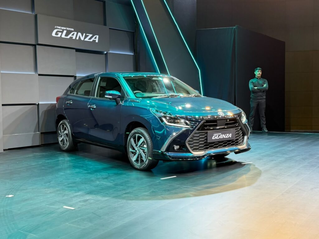 Glanza car 2026 facelift front design Digital Teal Green Toyota premium hatchback India